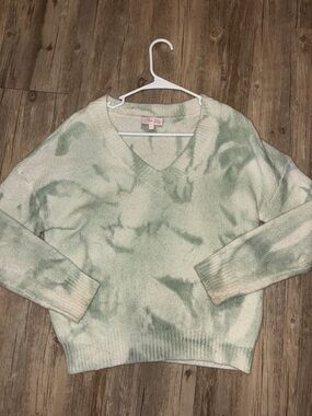 Pink Lily Sage Green & Cream Tie-Dye V-Neck Sweater